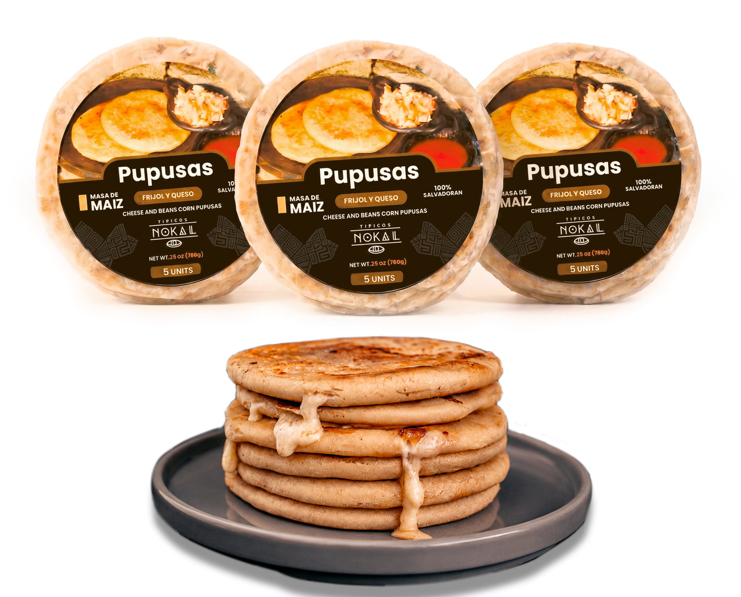 Typical Nokal  Triple pack Bean and Cheese Pupusas, Authentic Salvadoran Pupusas, Vegetarian Breakfast Foods, 15 Count, 75 Ounce Family Pack