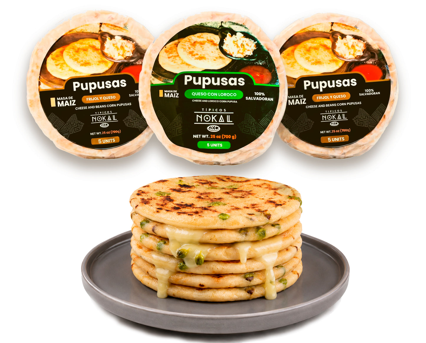 Typical Nokal  Triple pack mix Bean and Cheese 5 Count,  Cheese 5 Count and revuelta 5 Count Authentic Salvadoran Pupusas, Vegetarian Breakfast Foods,, 75 Ounce Family Pack