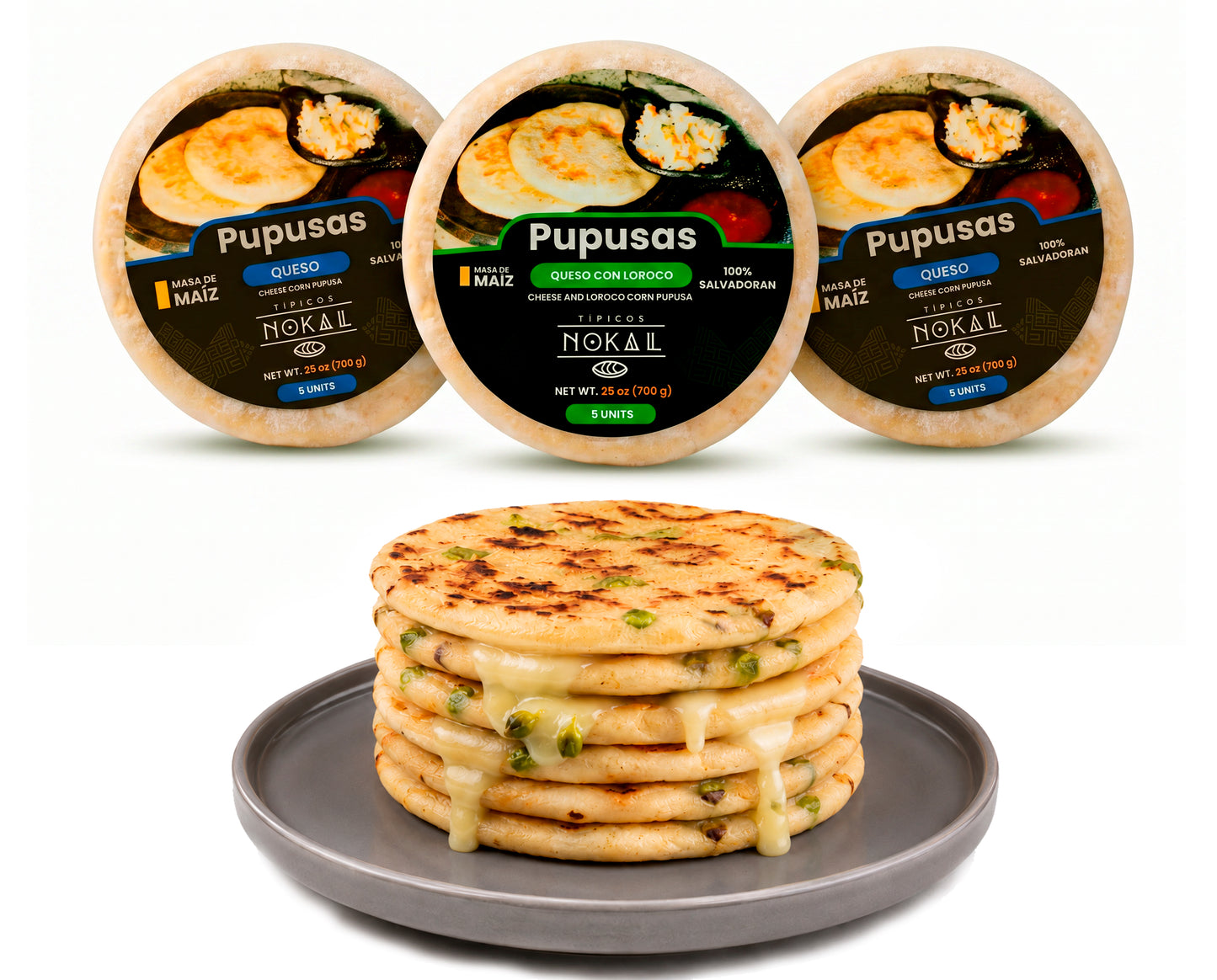 Typical Nokal  Triple pack mix Bean and Cheese 5 Count,  Cheese 5 Count and revuelta 5 Count Authentic Salvadoran Pupusas, Vegetarian Breakfast Foods,, 75 Ounce Family Pack